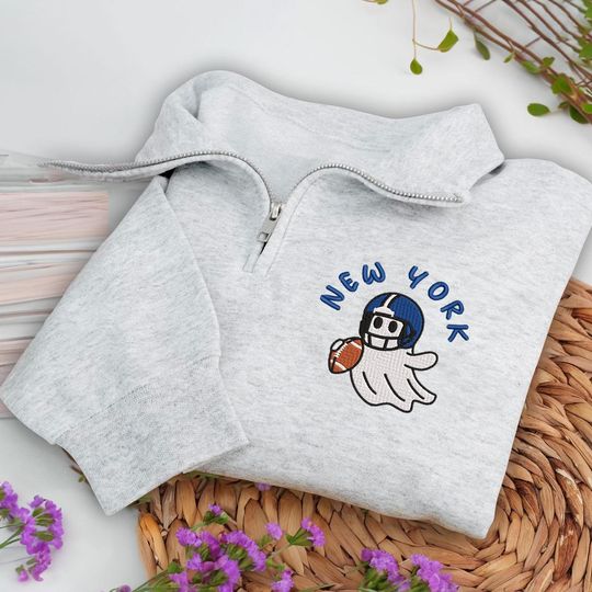 Embroidered New York Ghost Football Quarter Zip Sweatshirt: Cozy Game Day, Halloween Pullover