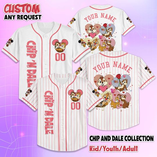 Custom Chip and Dale Valentines Day Baseball Jersey, Personalized Disney Valentines Day Jersey Shirt