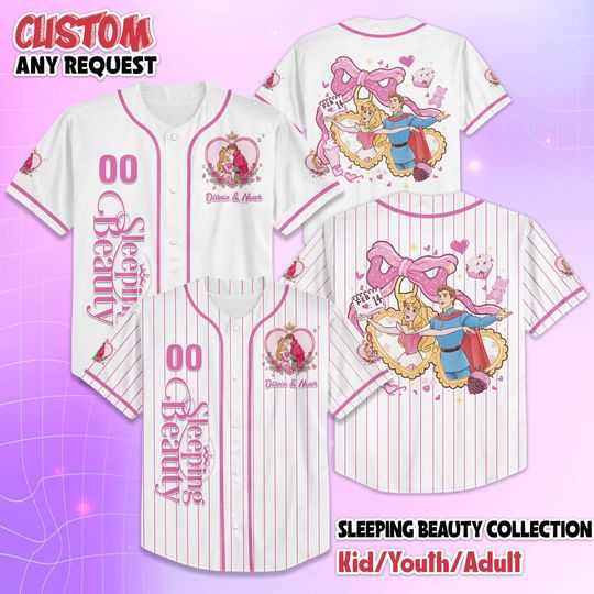 Personalized Sleeping Beauty Valentine Baseball Jersey, Disney Aurora and Prince Phillip Jersey