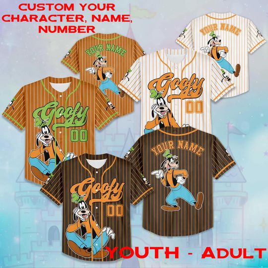 Discover Personalized Name Goofy Disney Baseball Jersey, Disneyland Movie Fan Jersey, Mickey and Friends Birthday Gift, Goofy Funny Matching Jersey