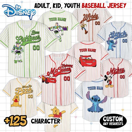 Discover Personalize Disney Pixar Characters Striped White Jersey, Custom Disneyland Baseball Team, Mickey Mouse Birthday, Gift for Disney Fans