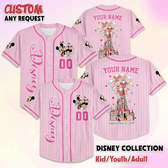 Discover Personalize Disney Happiest Place On Earth Baseball Jersey, Custom Disney Mickey and Friends Valentines Day Jersey