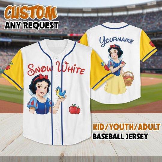 Discover Custom Disney Snow White Baseball Shirt, Disney Princess Jersey Shirt, Snow White Seven Dwarfs Baseball Jersey, Magic Kingdom Jersey