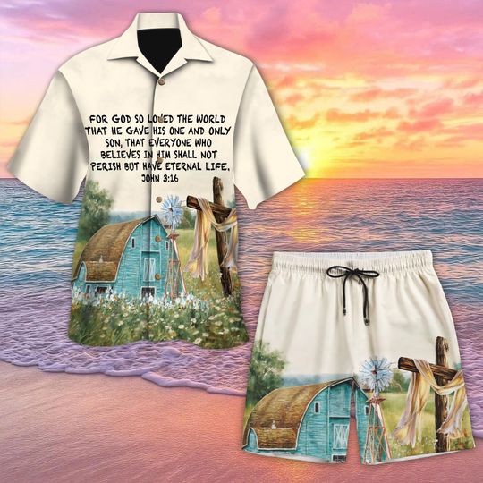 Christian John 3:16 Bible Verse Hawaiian Shirt and Short, Jesus Faith Button Up, Religious Summer Shirt, Christian Gift for Men