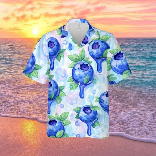 Discover Blueberry Drip Hawaiian Shirt, Artistic Fruit Shirt, Blue Aesthetic Aloha Shirt, Summer Button Up, Shirt for Blueberry Lovers