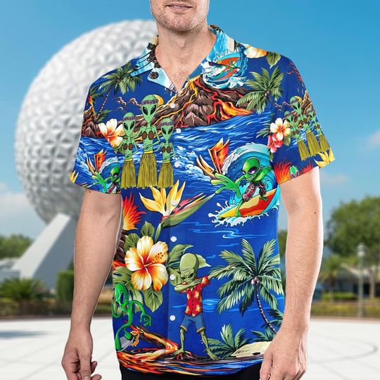Discover Alien Hawaiian Shirt, Funny UFO Aloha Shirt, Tropical Beach Shirt, Beach Vacation Shirt, Summer Button Up Shirt and Short