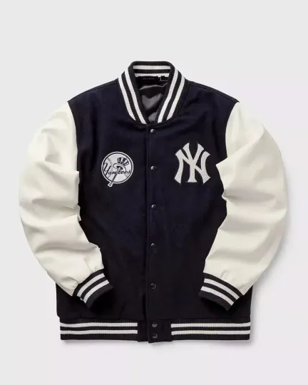 Discover Men's Varsity Jacket NY Men's Black Baseball Jacket, White Sleeves