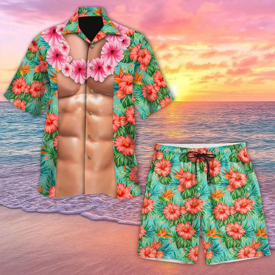 Discover Funny Muscle Hawaiian Shirt, Abs Aloha Shirt, Gag Gift Summer Shirt, Tropical Party Button Up, Novelty Shirt