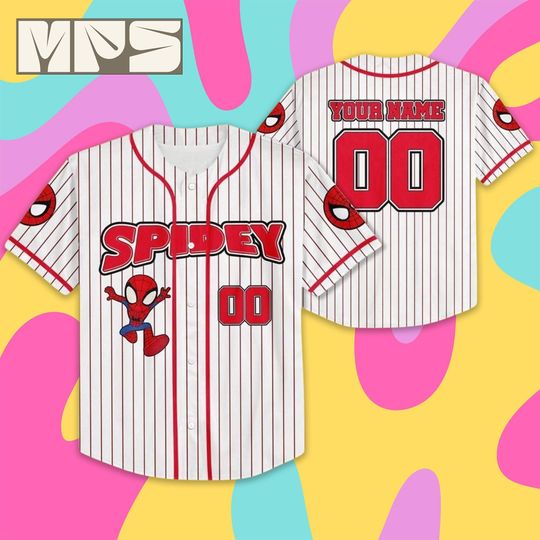 Discover Personalized Spidey and His Amazing Friends Baseball Jersey, Custom Kids Disney Spider-Verse Shirt, Cute White Spidey Team Outfit Gift 2026