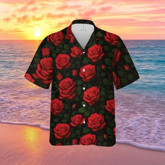 Discover Red Rose Hawaiian Shirt, Floral Button Up Shirt, Romantic Rose Summer Shirt, Unisex Tropical Beach Shirt and Short, Valentine Gift for Him
