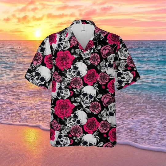 Discover Skull Rose Hawaiian Shirt, Gothic Floral Button Up Shirt, Punk Skull Summer Shirt, Unisex Beach Shirt, Valentine Gift Ideas