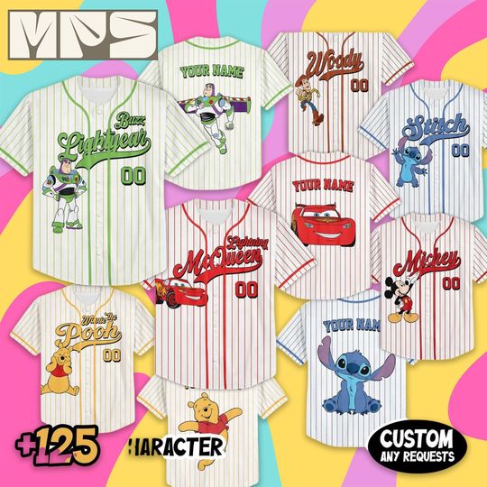 Discover Personalized Disney Characters Striped White Jersey, Custom Disneyland Baseball Team Shirt, Mickey Mouse Toy Story Birthday, Family Trip