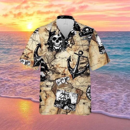 Discover Pirate Map Hawaiian Shirt, Skull Anchor Shirt, Vintage Nautical Shirt, Pirate Costume Top, Beach Vacation Shirt