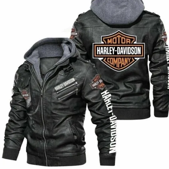 Men's Genuine Cowhide H-davidso'n PU Motorbike Hoodie Biker Jacket