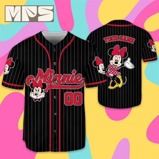 Discover Personalized Disney Minnie Mouse Baseball Jersey, Cute Striped Black Custom Disneyland Team Jersey, Minnie Birthday Gift, Disney Trip Tee
