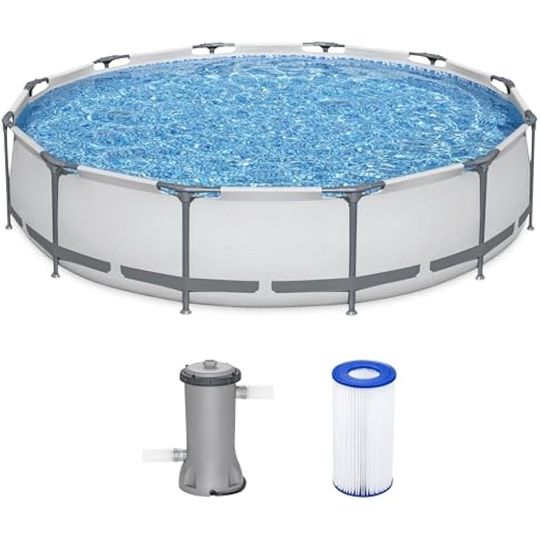 Discover 12 Foot by 30 Inch Round Above Ground Swimming Pool Set Outdoor Metal Frame Family Pool with Filter Pump