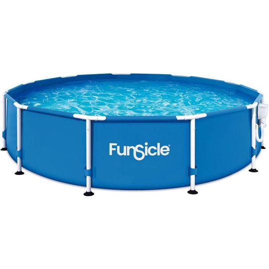 Discover 12' x 30 Outdoor Round Metal Frame Above Ground Swimming Pool Set for 6 People with SkimmerPlus Filter Pump and Filter Cartridg