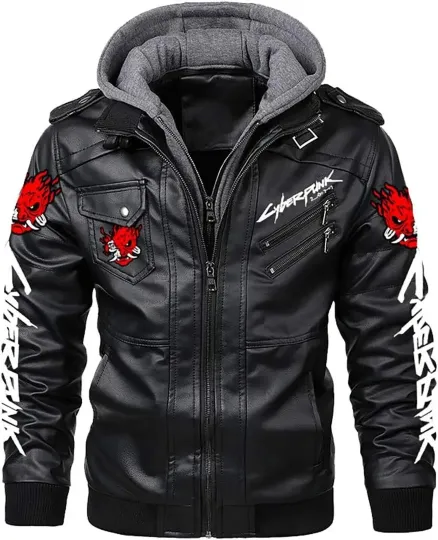 CP 2077 SM Devil Black Bomber Real Halloween Leather Jacket With Removeable Hood