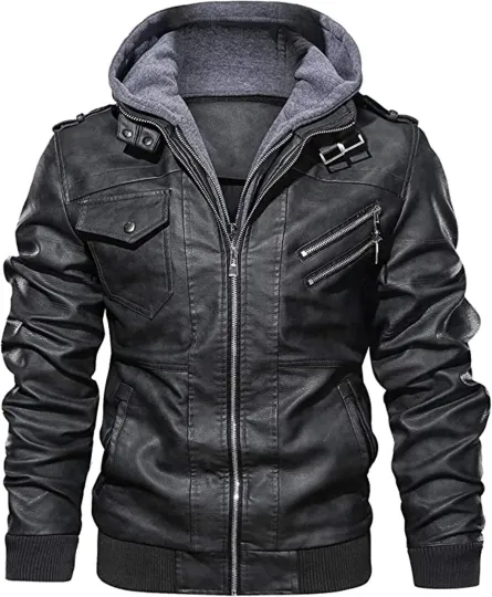 Discover Men's Vintage Bomber Hoodie with Removable Hood Real Motorcycle Leather Jacket