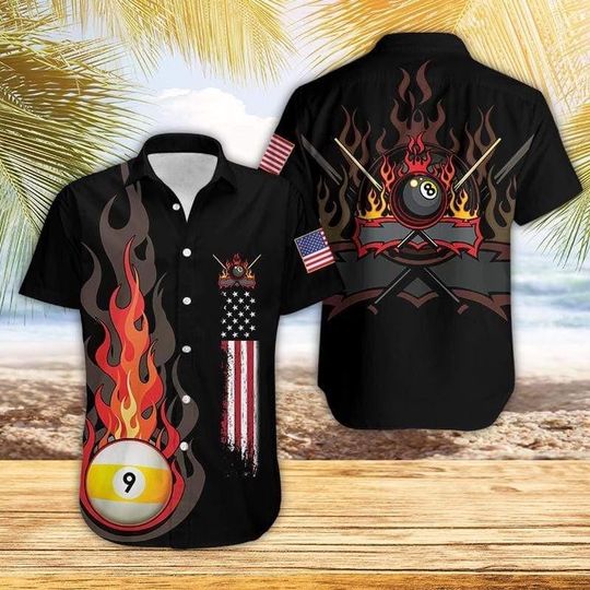 Discover Billiard Fire Hawaiian Shirt Pool 9 Ball, American Flag Aloha Shirt, Sporty Button Down Shirt, Unisex Hawaiian Shirt