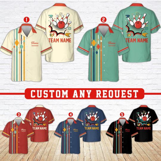 Discover Personalized Retro Bowling Pocket Hawaiian Shirt, Custom Name Team Bowling Button Up, Vintage Atomic Mid Century Design, Bowling Team Gift