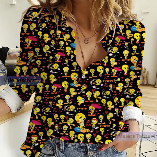 Tweety Bird 3D All Over Print Linen Women's Blouse, Casual Long Sleeve Button-up Shirt