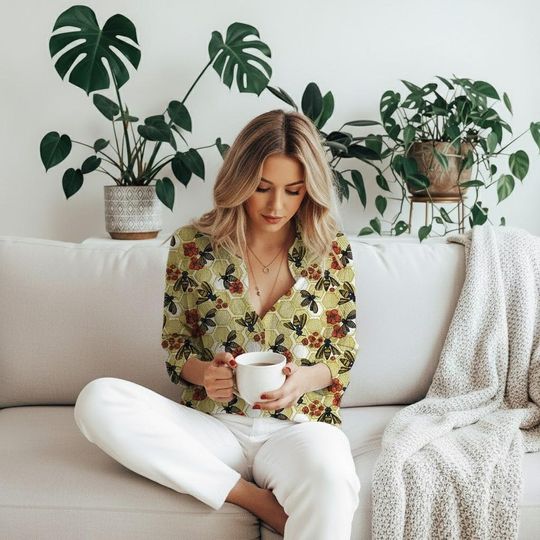 Discover Bee Flower Pattern 3D Printed Women's Casual Blouse with Long Sleeves