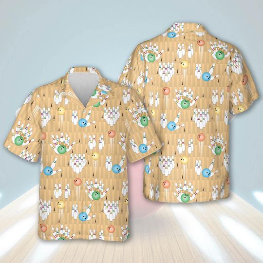 Discover Funny Bowling Pattern Hawaiian Shirt for Men, Colorful Bowling Ball & Pin Print Shirt, Strike Lover Summer Button Down Casual Tee