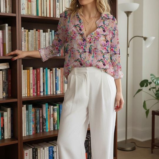 Discover Hummingbird Flower 3D Print Women's Casual Blouse, Long Sleeve Button-down Shirt, Bird Lover Shirt