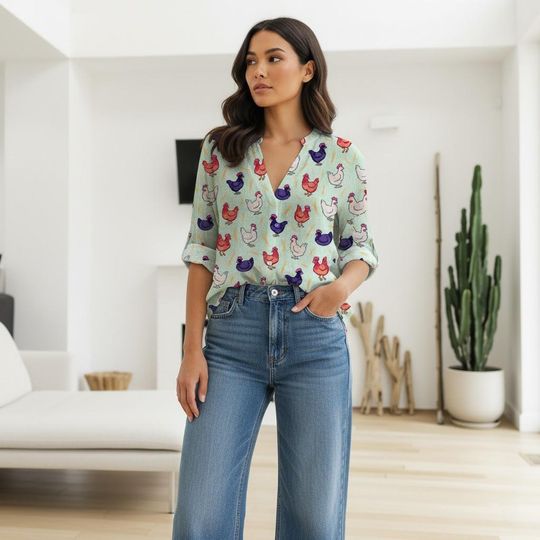 Discover Chicken Farm Pattern 3D All-Over Print Women's Casual Blouse, Long Sleeve Button-Down Shirt, Chicken Lover Top