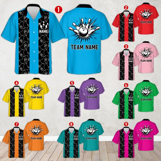 Discover Personalized Bowling Hawaiian Shirt, Custom Name And Team Bowling Button Up, Bowling League Shirt, Bowling Party Shirt, Bowling Team Uniform