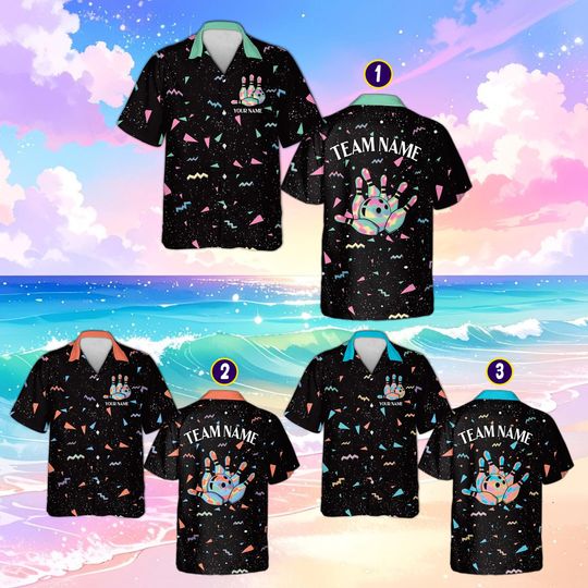 Discover Custom Retro 80s Bowling Shirt, Personalized Name Team, Gradient Geometric Hawaiian Shirt, 90s Aesthetic Bowler Gift, Bowling League Uniform