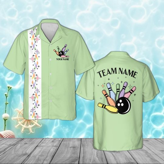 Discover Personalized Team Name Bowling Shirt, Retro Pastel Hawaiian Shirt, Mid Century Modern Starburst Bowler Gift, Unisex Bowler Gift