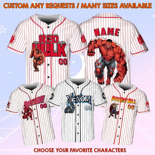 Marvel Anti Heroes Baseball Jersey, Marvel Deadpool Jersey, Marvel Red Hulk Jersey