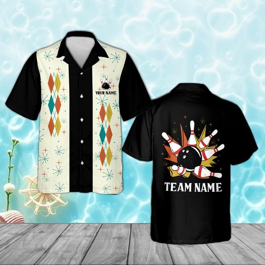 Discover Custom Bowling Shirt, Personalized Team Bowler Gift, Retro Mid-Century Modern Hawaiian Shirt, 1950s Vintage Style League Uniform