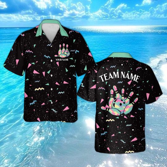 Discover Custom Retro Bowling Shirt, Personalized Name Team, Gradient 80s 90s Aesthetic Hawaiian Shirt, Geometric Bowler Gift League Uniform Shirt