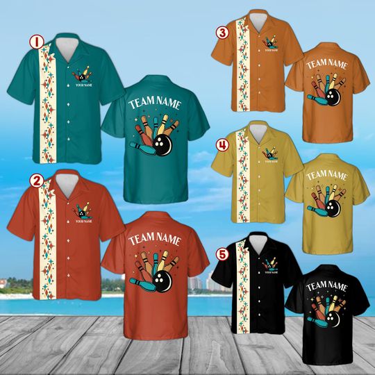 Personalized Retro Bowling Hawaiian Shirt, Atomic Starburst Teal Hawaiian Shirt, Retro 50s 60s Style Mid Century Uniform Bowler Gift Men