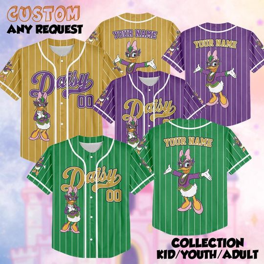 Discover Custom Daisy Duck Mardi Gras Baseball Jersey, Disney Mickey And Friends Festival Shirt, New Orleans Trip Jersey, Disney World Family Trip