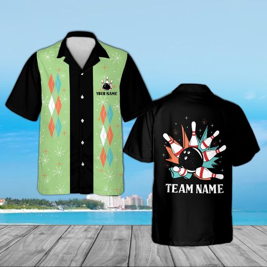 Discover Custom Bowling Shirt Personalized Name Team, Retro Mid Century Modern Hawaiian Shirt, 1950s Vintage Style League Uniform, Bowler Gift Idea