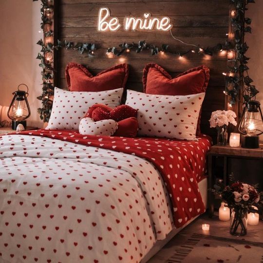 Discover Valentine's Day Heart Bedding Set, Reversible Red and White Cotton Duvet Cover, Romantic Bed Set