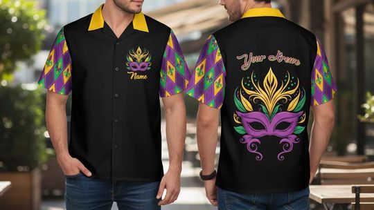 Discover Mardi Gras Bowling Shirt For Men Personalized Carnival Mask Krewe Outfit Black Button Up Festival Party Style