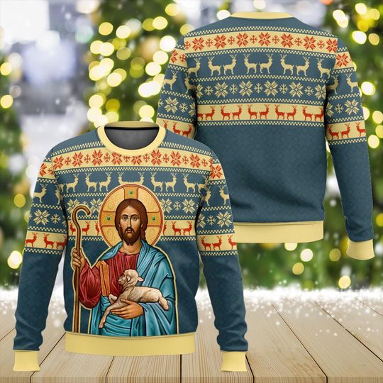 Jesus And Lamb Ugly Christmas Sweater, Christian Shepherd Xmas Jumper, Faith Holiday Sweater, Religious Gift