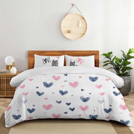 Discover Pastel Heart Comforter Set, Valentine’s Day Bedding with Cat Love Design for Couples