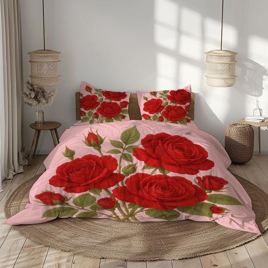 Discover Rose Print Bedding Set with Duvet Cover and Pillowcases in Pink, Red, Olive Green, and Blush, Romantic Floral Design