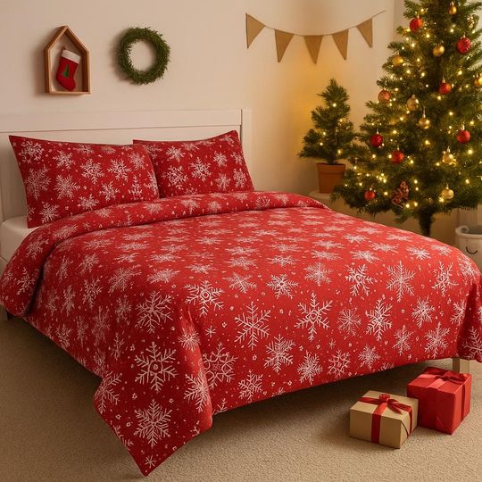 Discover Red Snowflake Christmas Bedding Set  Handmade Holiday Duvet Cover