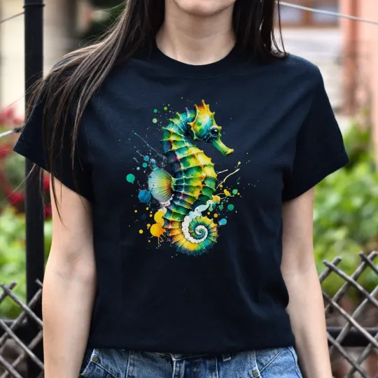 Discover Artistic Seahorse Color Splash Unisex T-Shirt Black Navy Heather