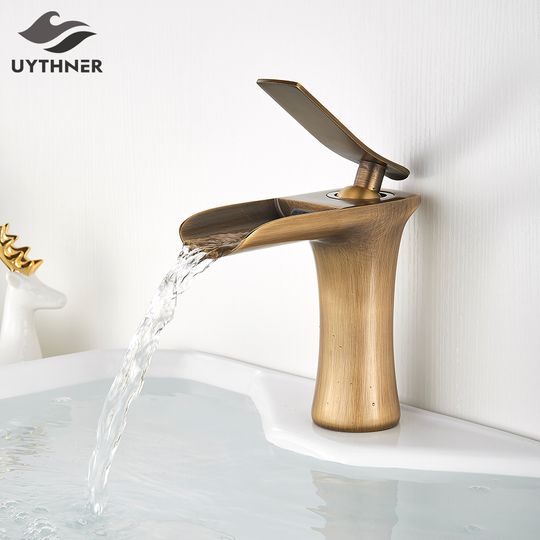Discover Basin Faucets Waterfall Bathroom Faucet Single handle Basin Mixer Tap Bath Antique Brass Faucet Sink Water Crane Silver Taps