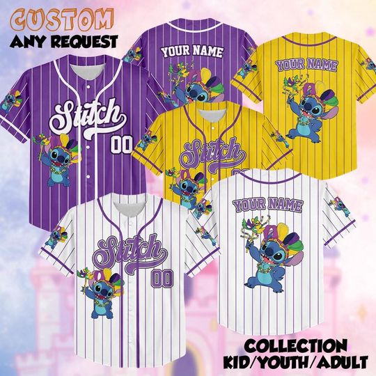 Discover Custom Disney Stitch Mardi Gras Baseball Jersey, Stitch King Cake Festival Fun Shirt