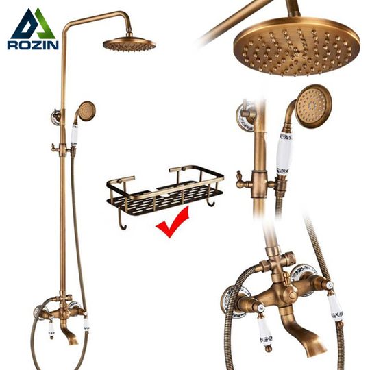 Discover rozin Antique Brass Shower Faucet Set Bathroom Shower Column with Shelf Rainfall Hot Cold Water Mixer Tap Handhold Shower Faucet