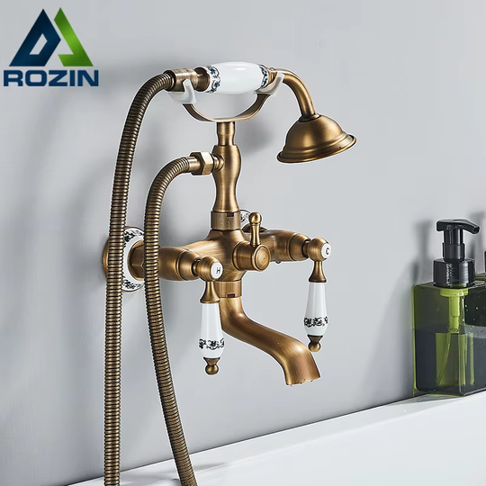 Discover Antique Brass Bathtub Shower Faucet Set Bathroom Dual Handle Wall Mounted Bath Tub Mixer Tap with Handshower and Swivel Spout